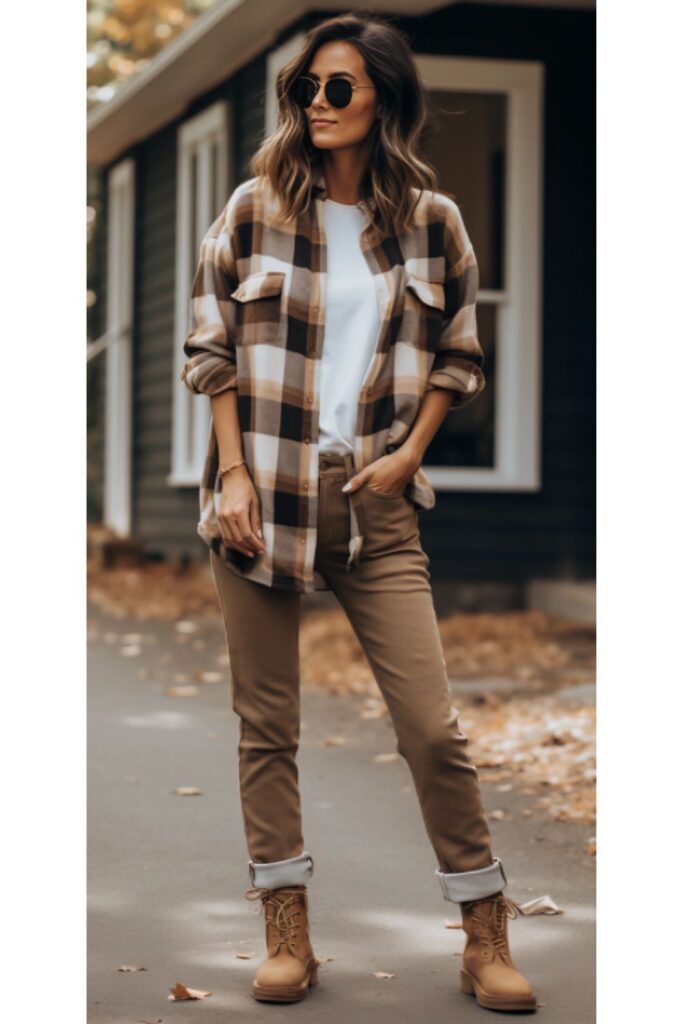 woman wearing an oversized buffalo plaid shirt over a white tee and brown jeans