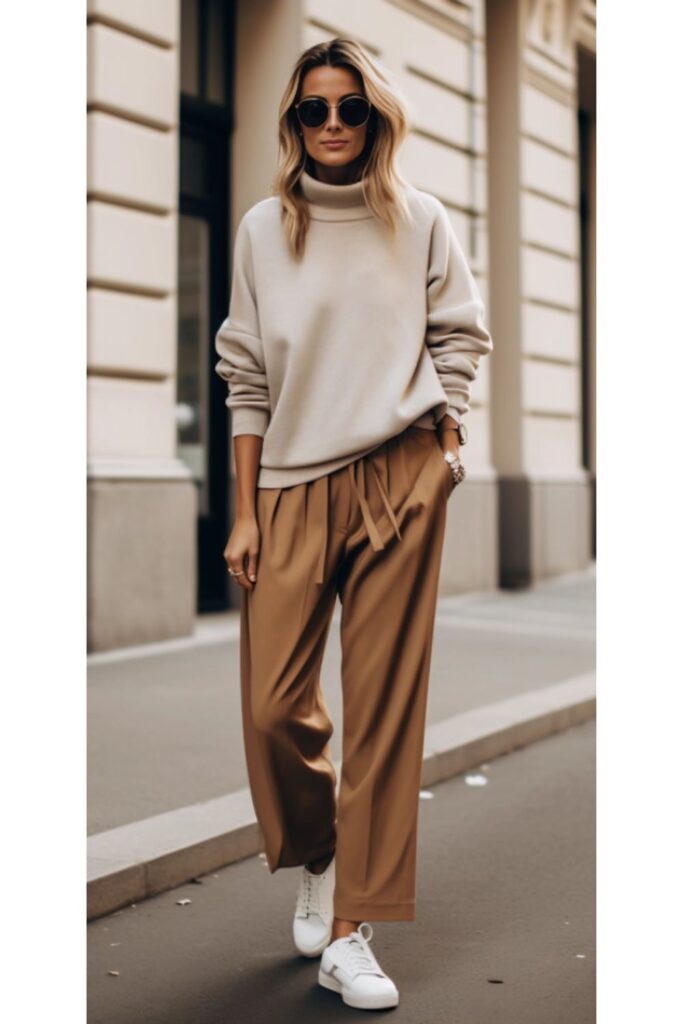 woman wearing an oversized tan sweater with brown trousers and white sneakers