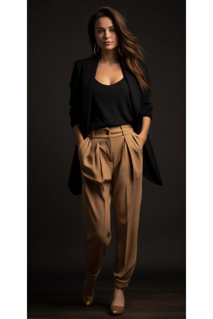 woman wearing brown trousers with a black sleeveless blouse and black blazer