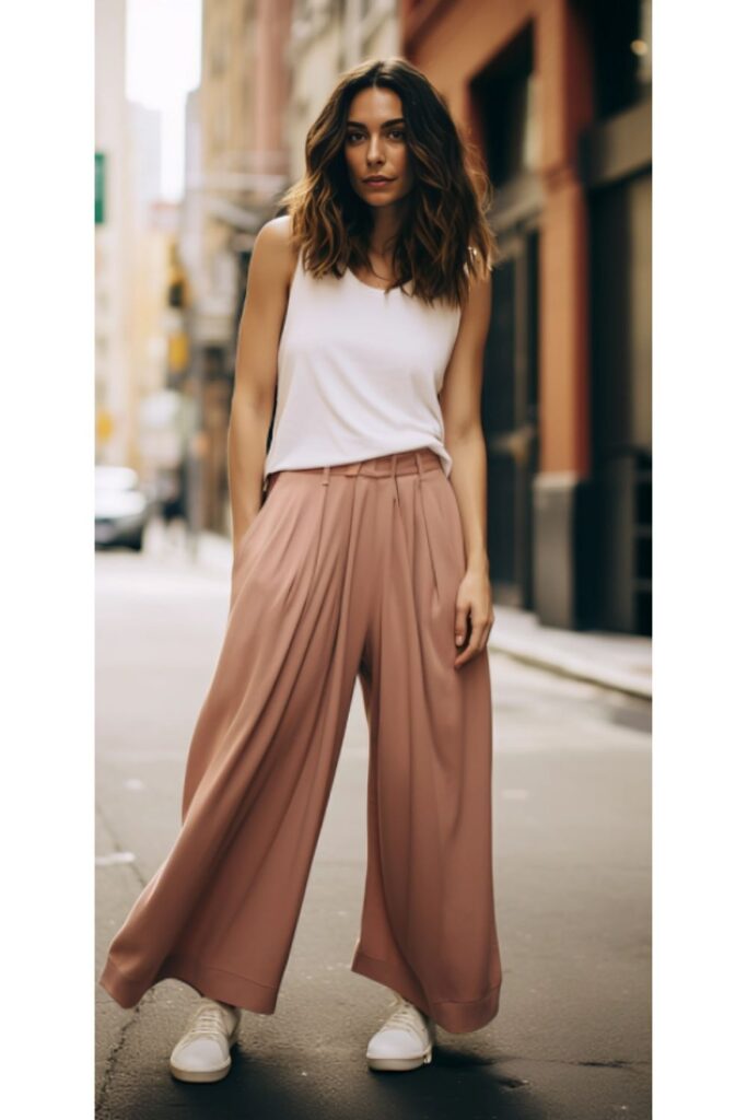 woman wearing brown wide-leg culottes with a pink tank top and white sneakers