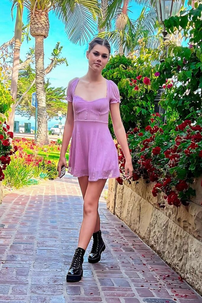 Purple Mini Dress with Black Lace-Up Boots