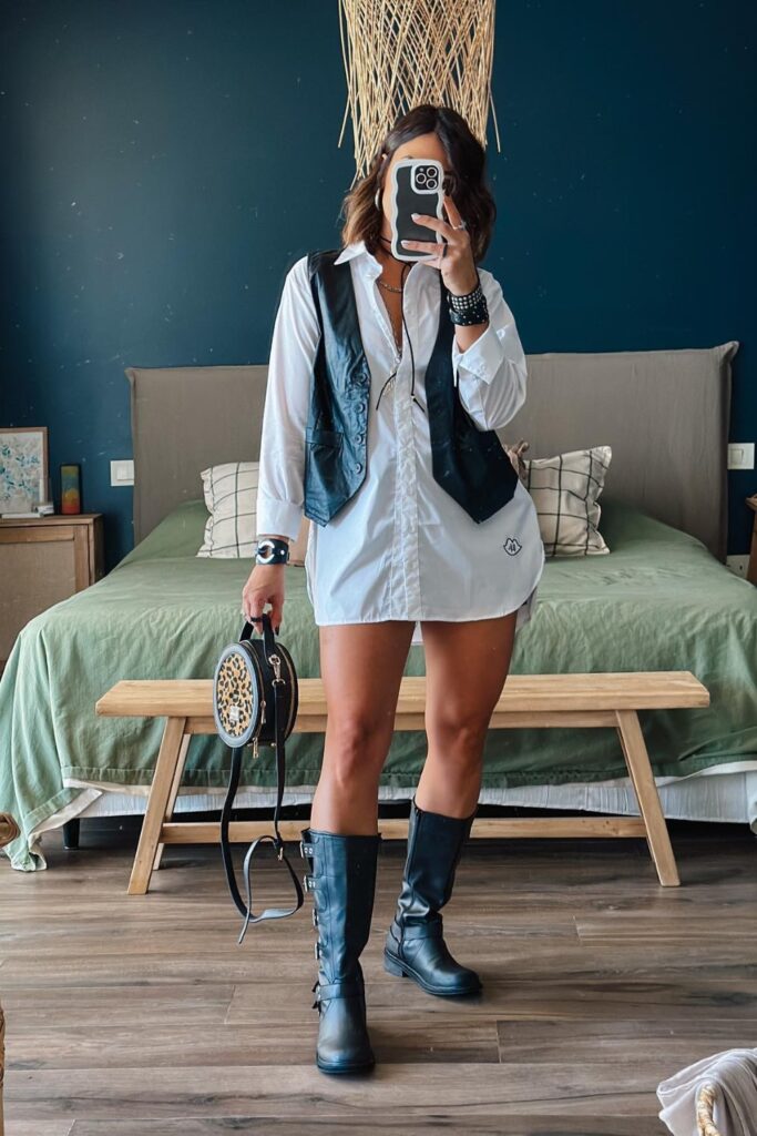 Oversized Button-Down and Leather Vest