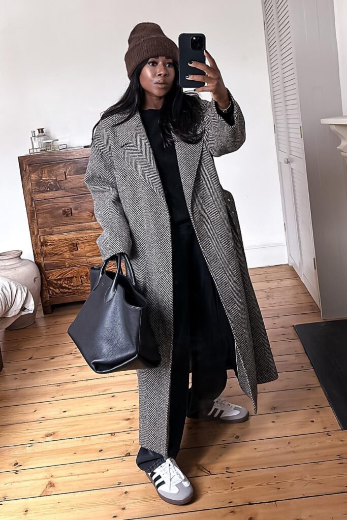 Herringbone Coat With Black Accents