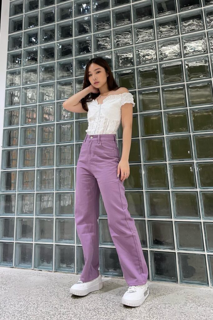 Off-Shoulder Crop Top and Lavender Wide-Leg Pants