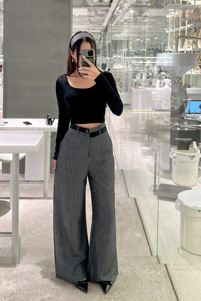 Black Long Sleeve Crop Top with Gray Pinstriped Wide-Leg Trousers