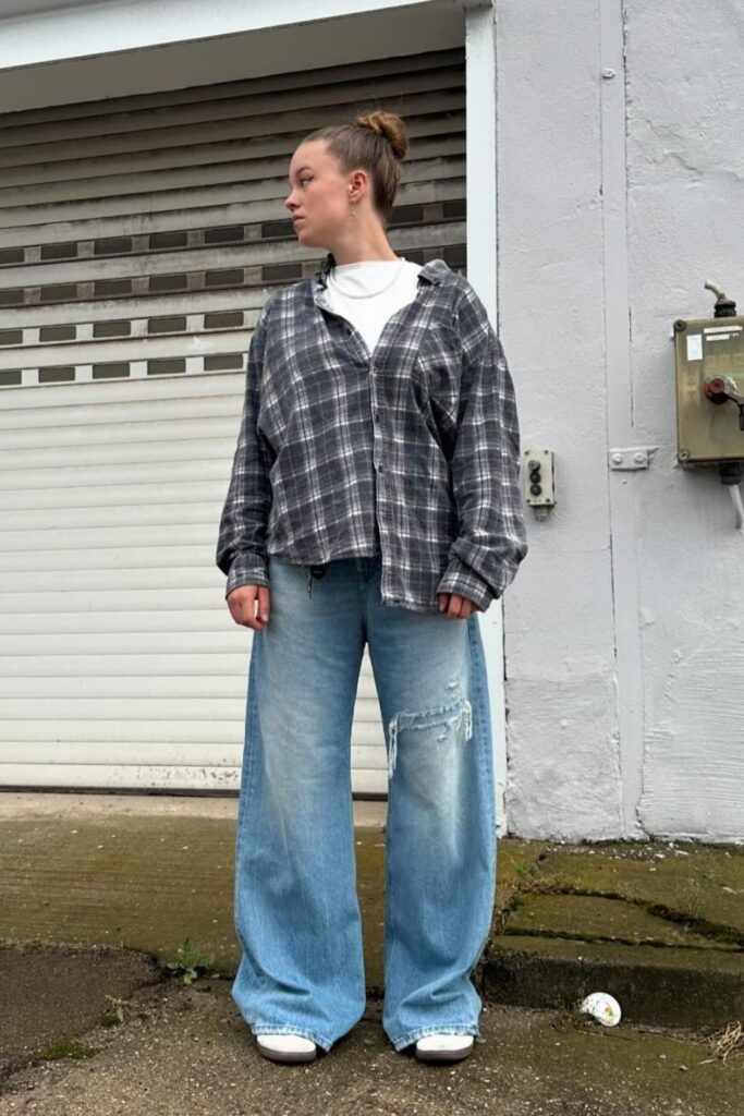 Gray Plaid Flannel with Light Blue Baggy Jeans