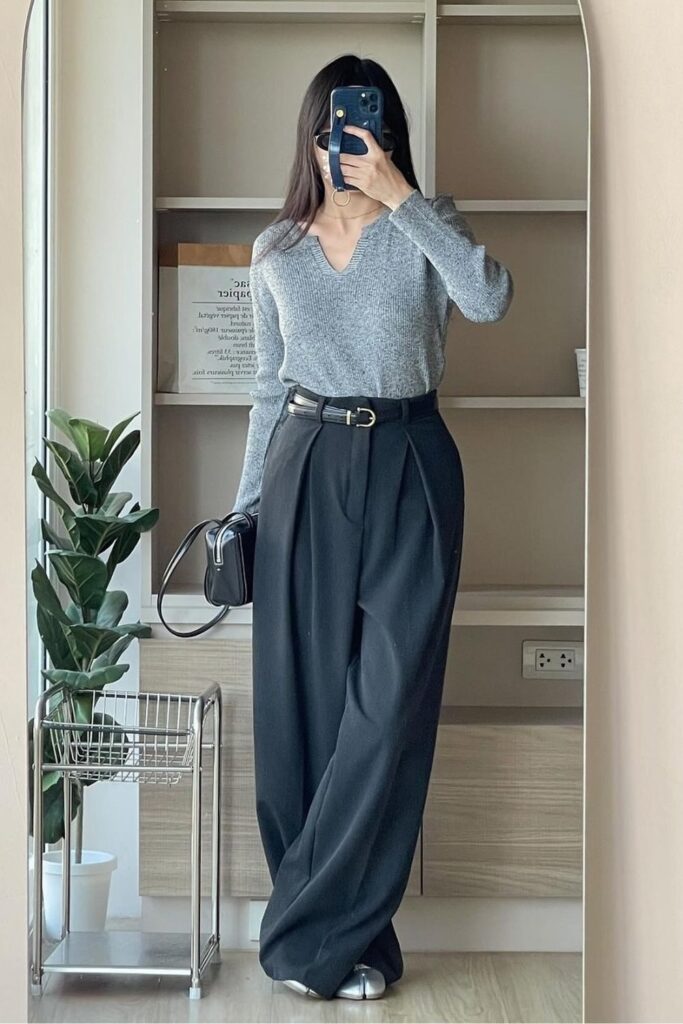 Black Wide-Leg Trousers and Gray V-Neck Sweater