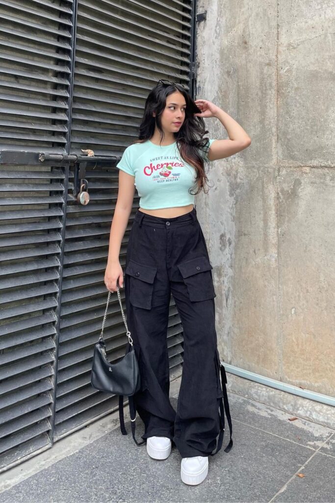 Mint Crop Top with Black Cargo Pants 