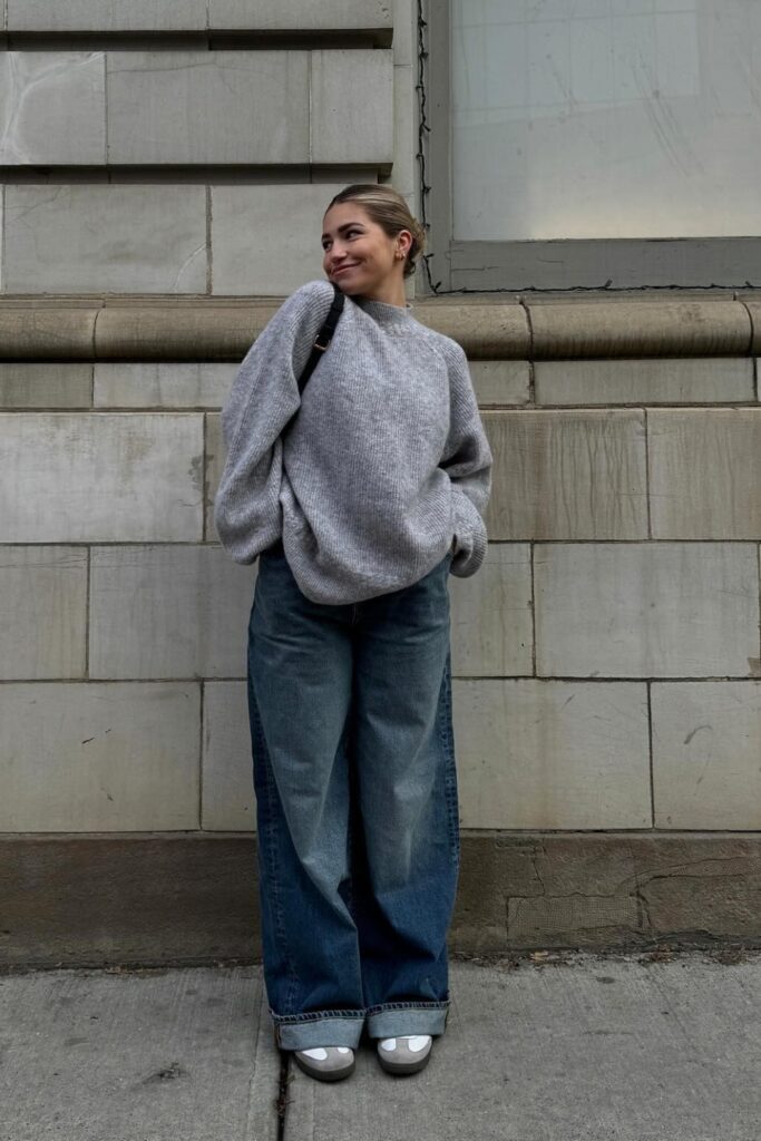 Oversized Sweater with Wide-Leg Jeans and Platform Shoes