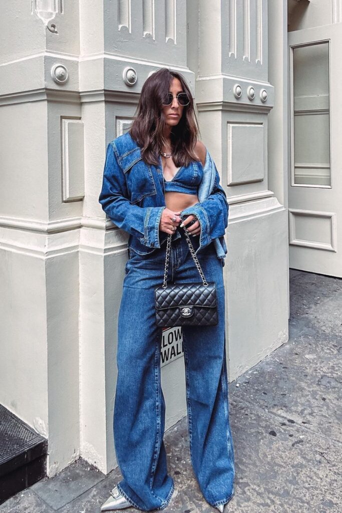 Denim Crop Top with Denim Jacket and Wide-Leg Jeans