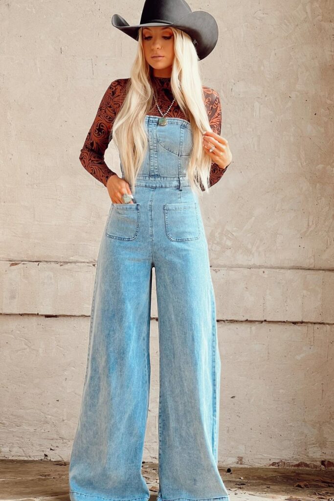 Light Wash Overalls and Patterned Top