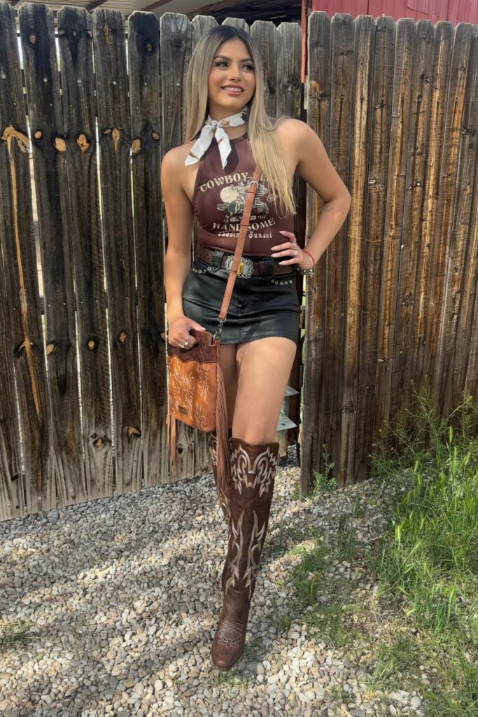 “Cowboy” Tank Top and Leather Skirt