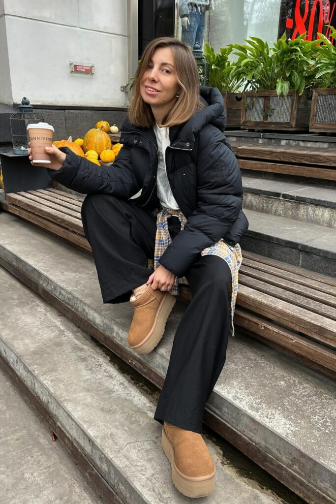 Black Puffer Jacket, White Sweater, and Plaid Shirt