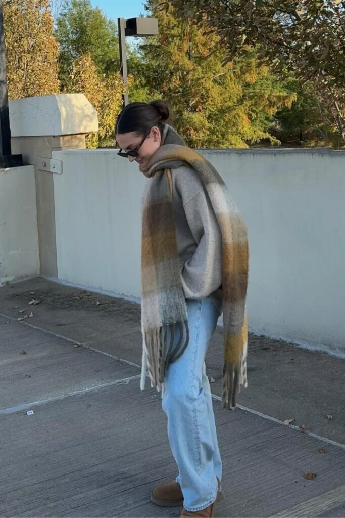 Gray Hoodie, Light Wash Jeans, and Ombre Scarf