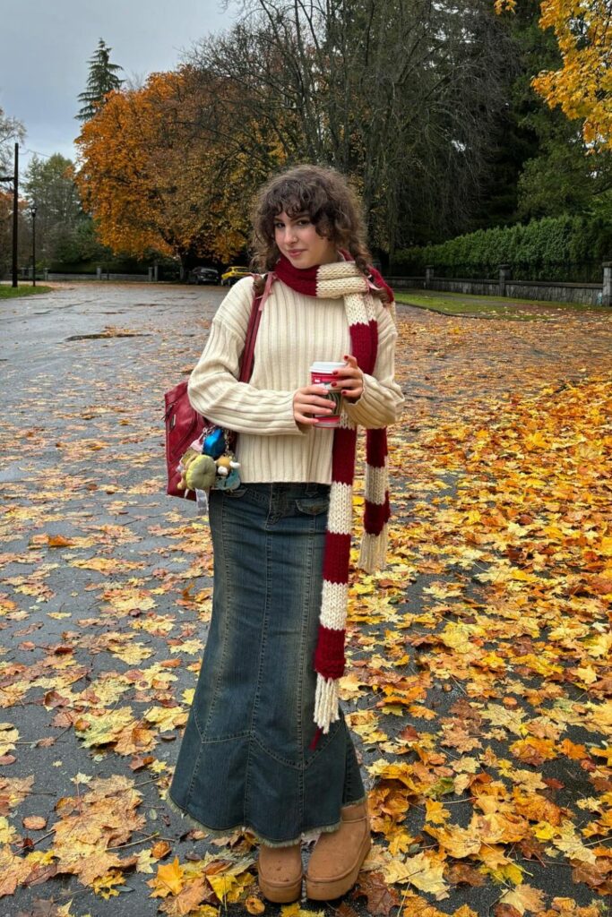 Cream Ribbed Turtleneck and Red Striped Scarf