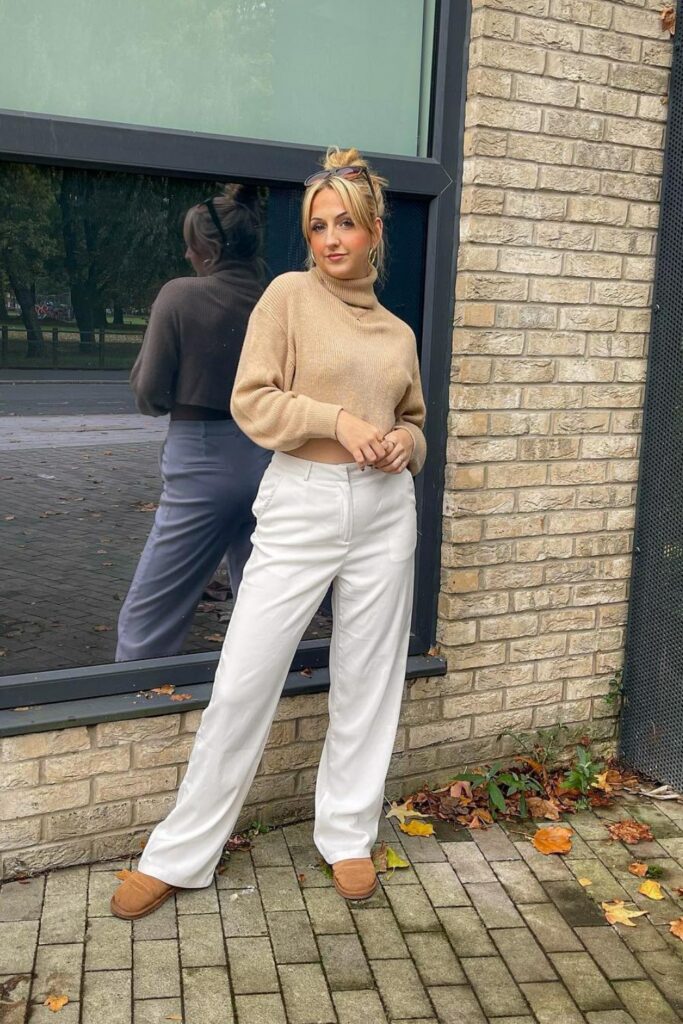 Beige Turtleneck Sweater and White Wide-Leg Pants