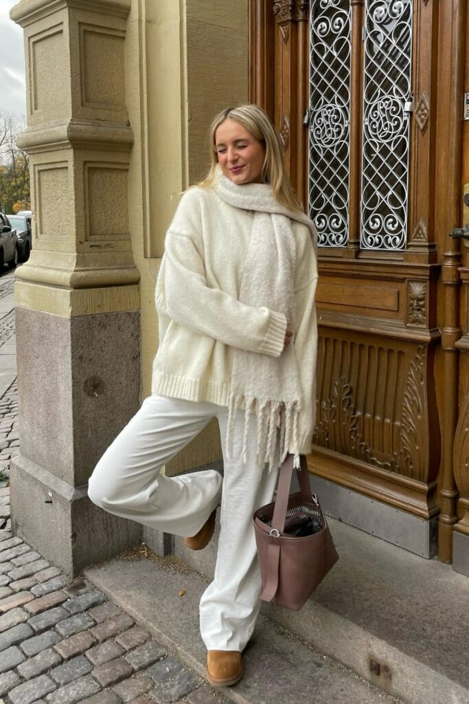 Cream Oversized Sweater and White Wide-Leg Pants