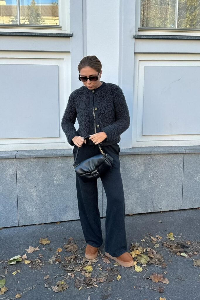 Black Textured Jacket and Wide-Leg Pants