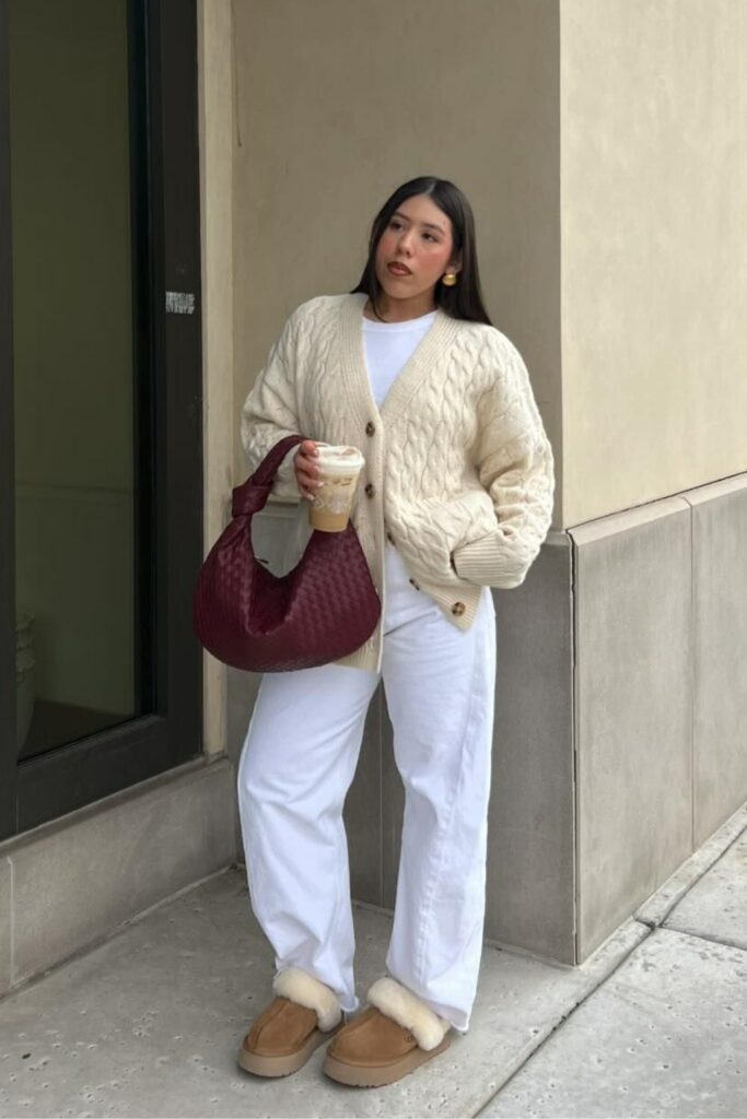 Cream Cable-Knit Cardigan and White Wide-Leg Pants