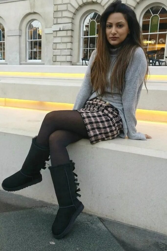 Gray Turtleneck Sweater and Plaid Mini Skirt