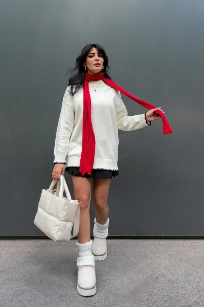 White Oversized Sweater and Black Mini Skirt