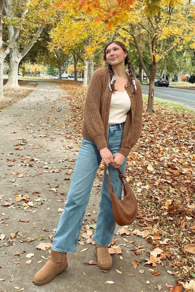 Brown Chunky Cardigan and Cream Tank Top