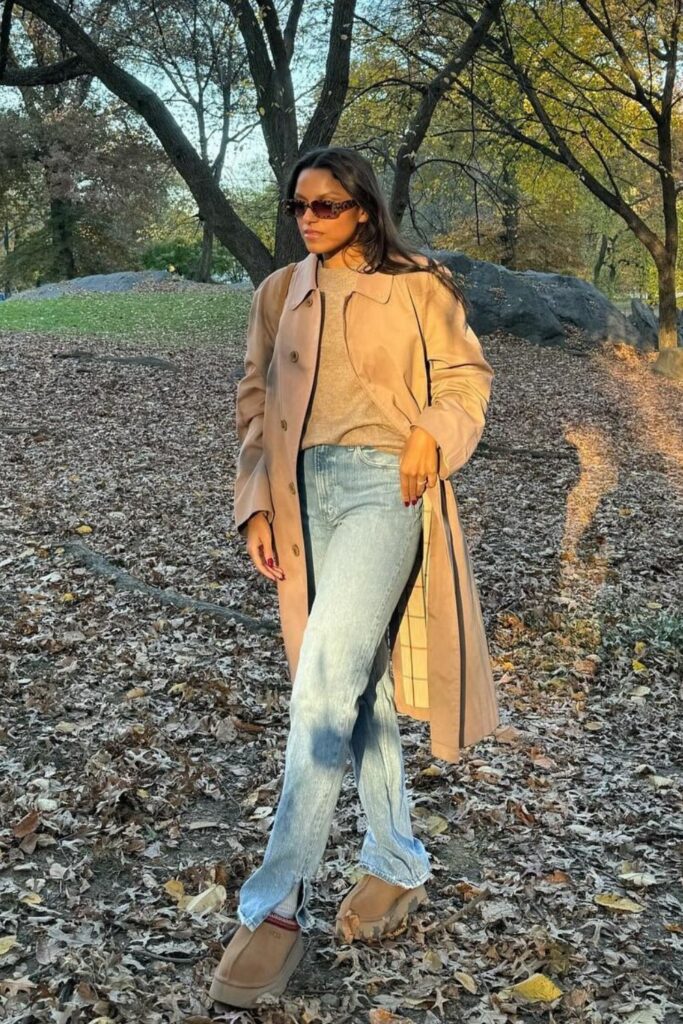 Beige Trench Coat and Camel Turtleneck Sweater