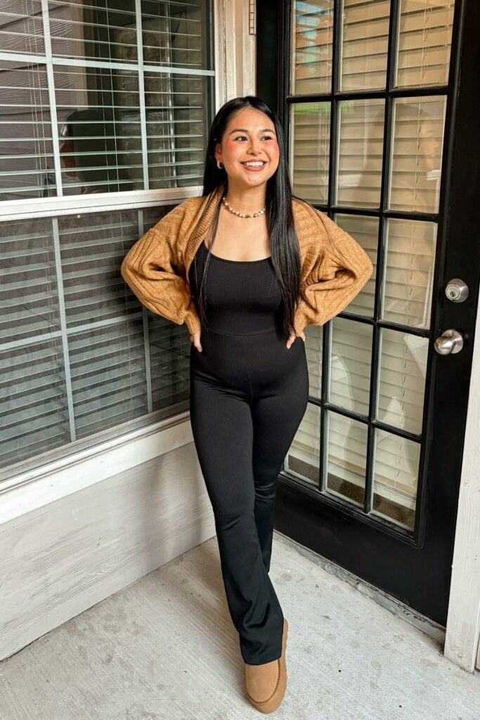 Black Ribbed Jumpsuit and Camel Cardigan