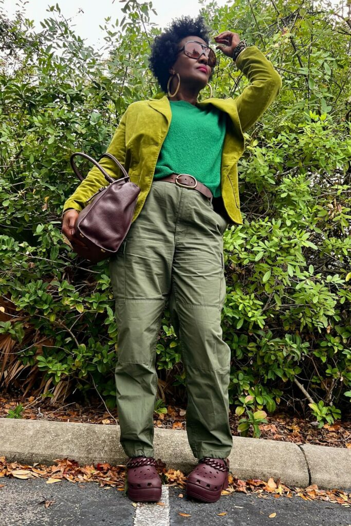 Lime Green Velvet Blazer with Cargo Pants