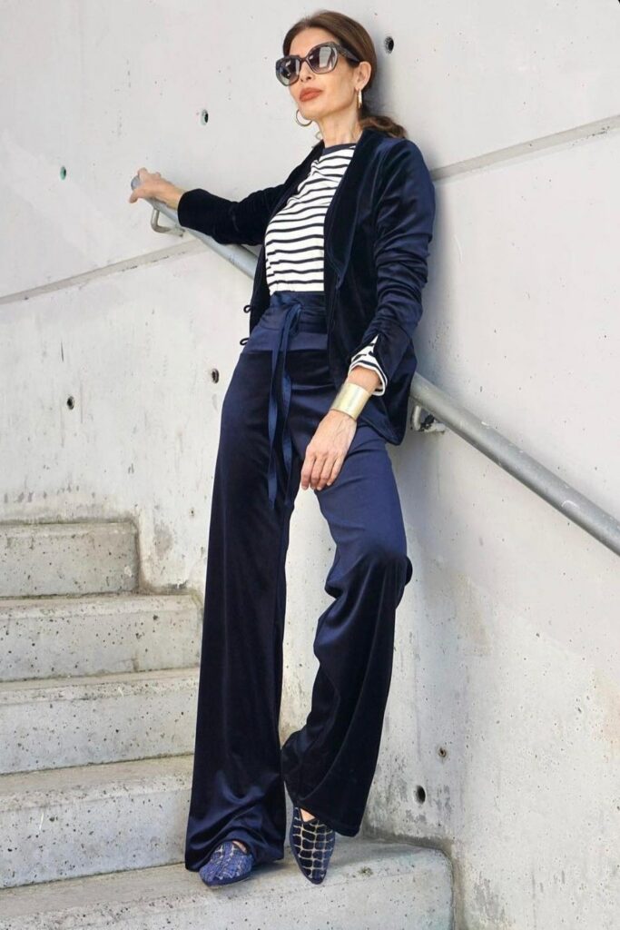 Navy Velvet Blazer with Stripes