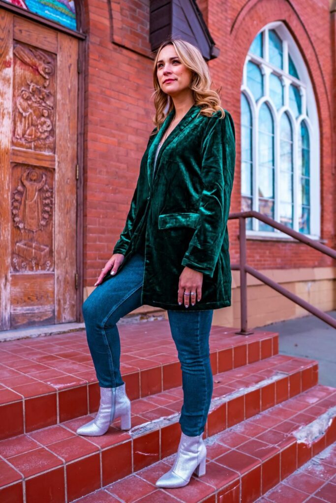 Emerald Green Velvet Blazer with Jeans