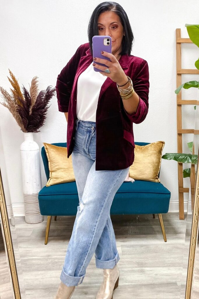 Burgundy Velvet Blazer with Wide-Leg Jeans