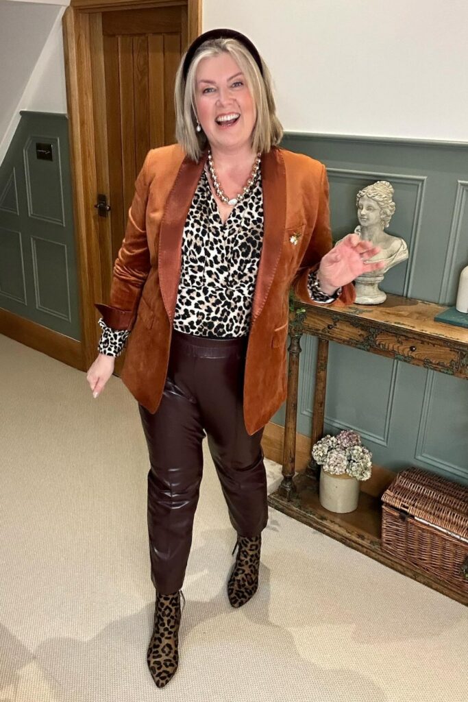 Rust Velvet Blazer with Animal Print