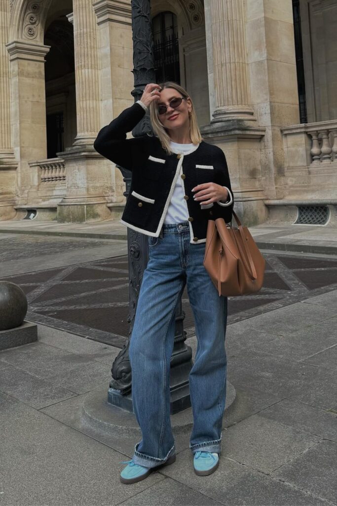 Black Button-Up Cardigan With Blue Jeans