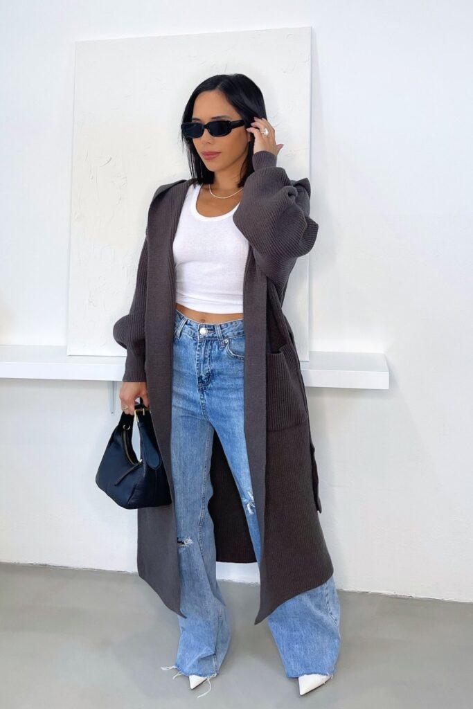 Oversized Dark Cardigan With White Cropped Tank