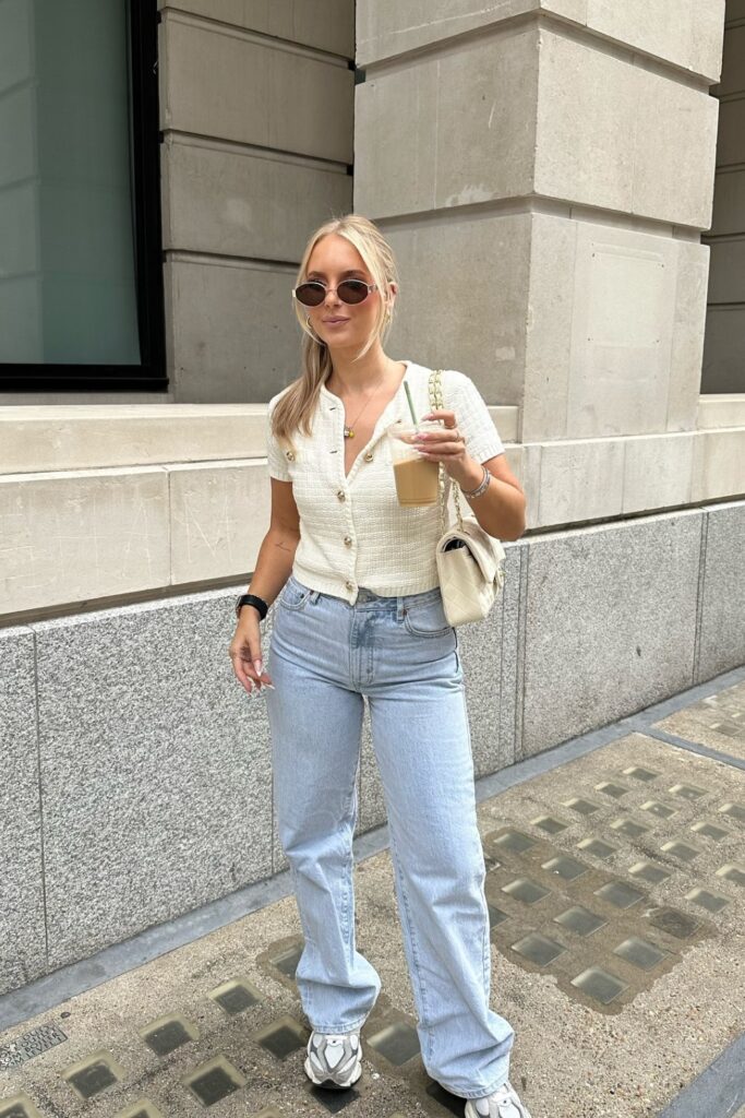 Short Sleeve Button-Up Cardigan With Light Blue Jeans