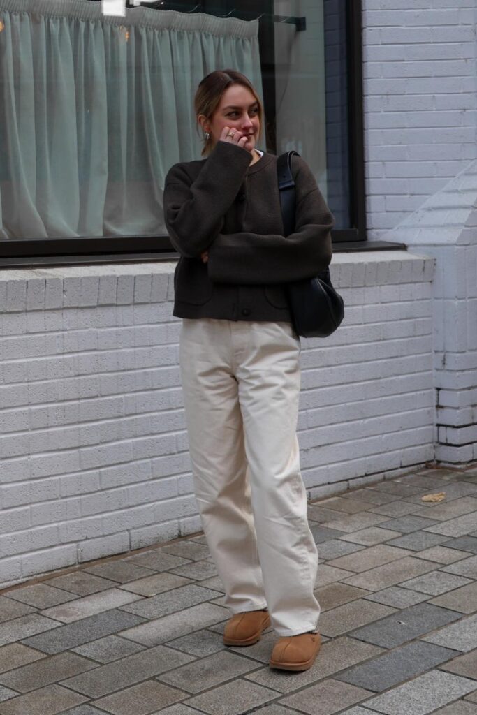 Oversized Dark Cardigan With White Wide-Leg Pants