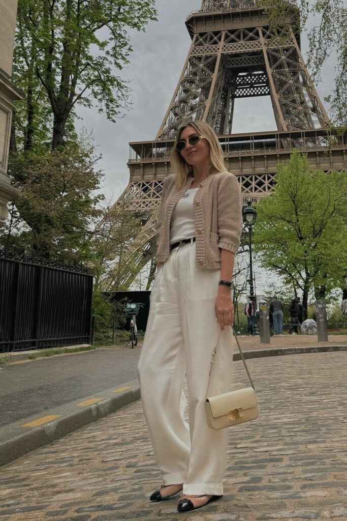 Cropped Beige Cardigan and White Wide-Leg Pants