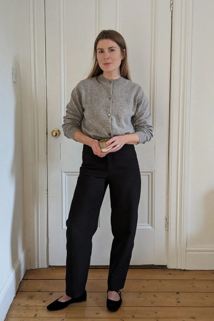 Grey Button-Up Cardigan and Black Tailored Pants