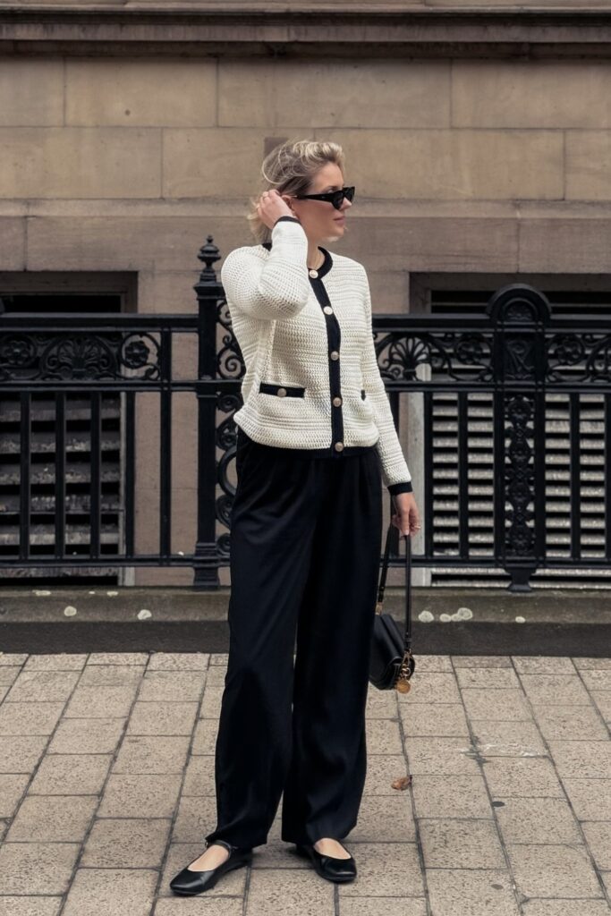 Black and White Cardigan Paired With Wide-Leg Pants