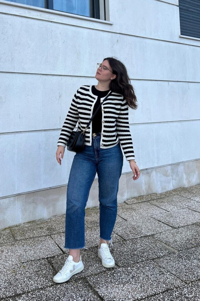 Striped Knit Cardigan With Blue Jeans