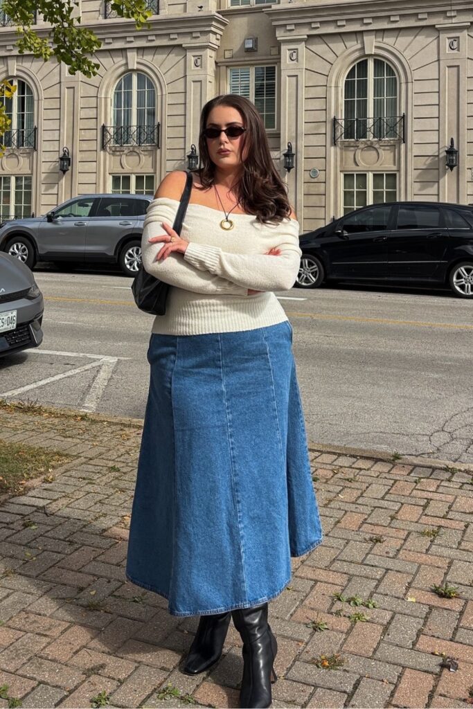 Off-Shoulder Sweater and Knee-High Boots