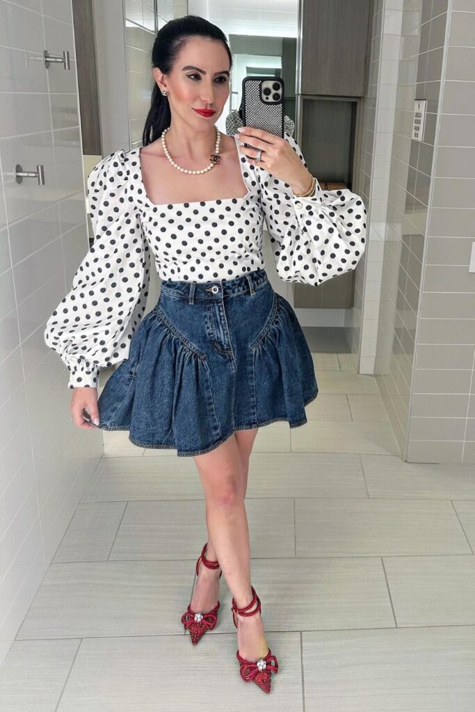 Polka Dot Top, Skirt, and Heels