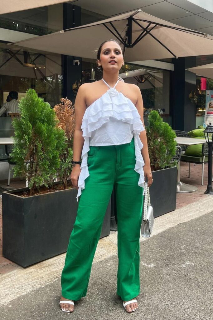 Romantic Ruffles with Green Wide-Leg Pants