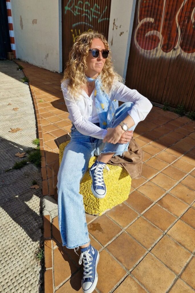 White Button-Down With Flares & Scarf