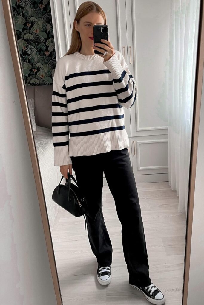 A white-black Striped Sweater & Black Pants