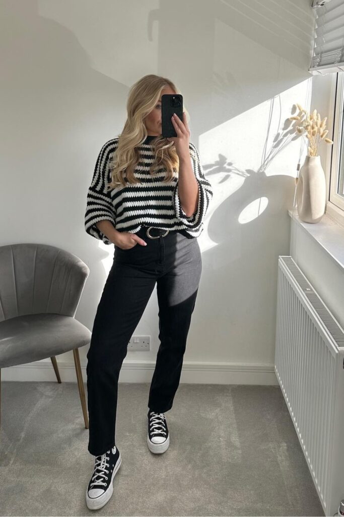 Striped Balloon Sleeve Sweater & Straight Jeans