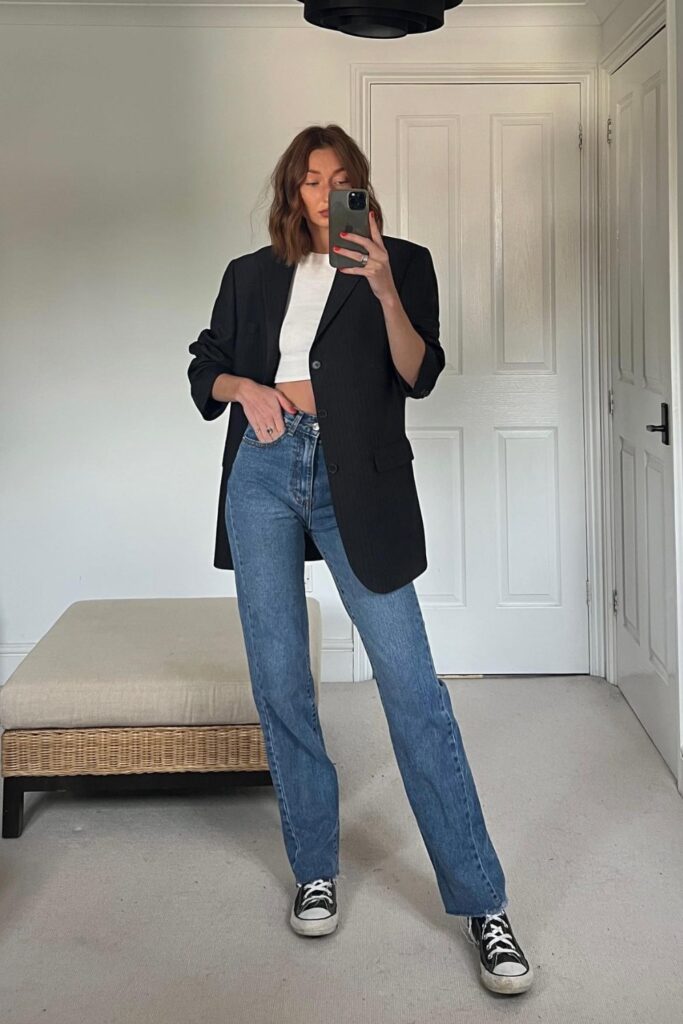 Cropped Tee, Blazer & Straight Leg Jeans