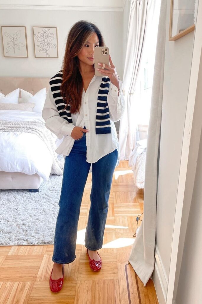 Striped Sweater, White Shirt and Blue Jeans with Red Mary Janes