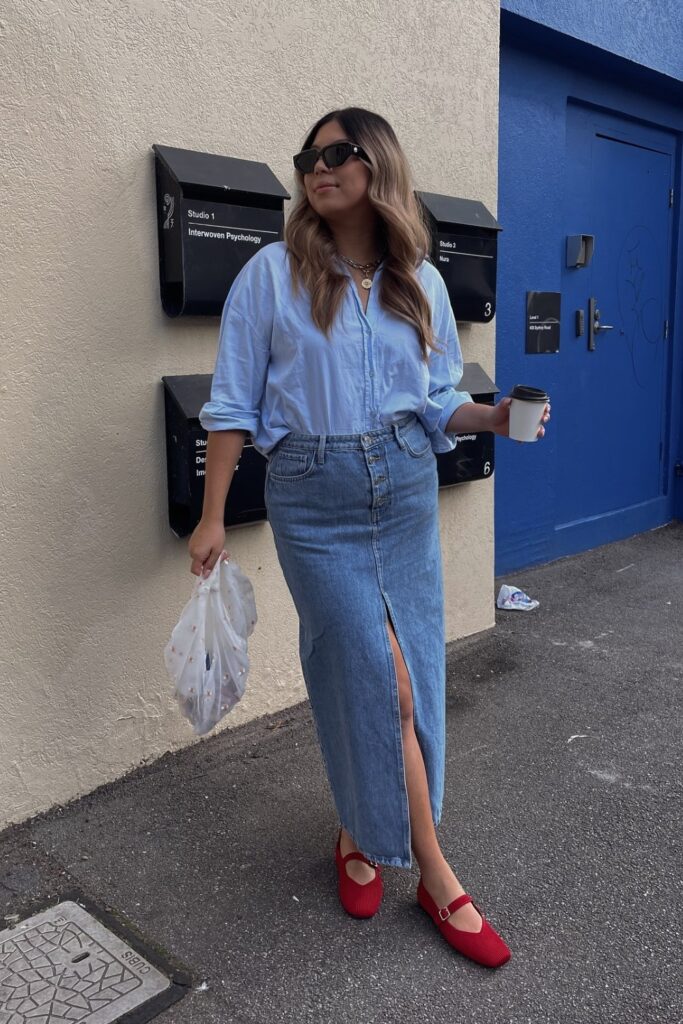 Light Blue Button-Up, Denim Skirt and Red Mary Janes